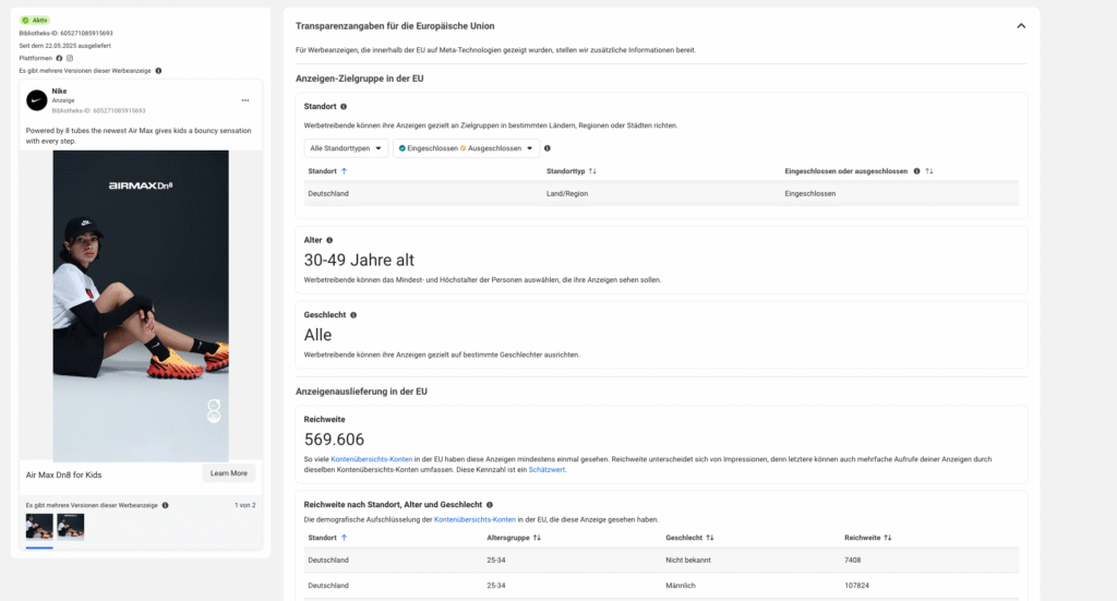 Transparenzangaben für die Europäische Union Meta Werbebibliothek
